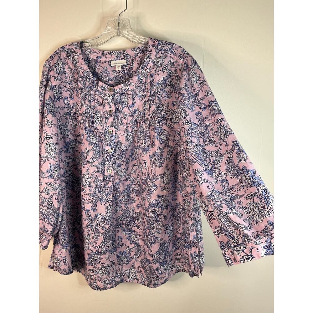 J Jill Love Linen Blouse Top XL Printed Pintucked Popover Lagenlook Coastal Boho - Picture 5 of 16